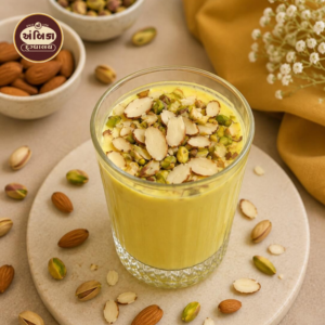Fresh Kesar Pista Lassi Ahmedabad made with pure curd, saffron, and pistachios, topped with premium almonds and pistachios, served chilled