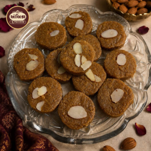 Traditional Thabdi Peda Ahmedabad made with rich milk, pure ghee, and topped with sliced almonds, handcrafted for an authentic Gujarati sweet experience